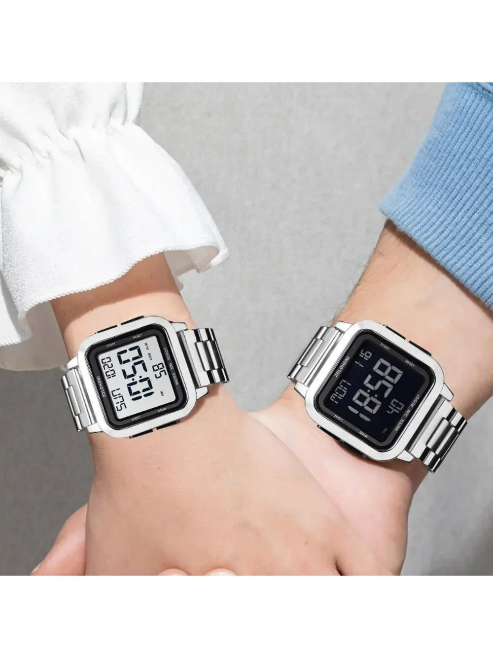 Men's Silver Analog Quartz Stainless Steel Waterproof Square LED Digital Watch
